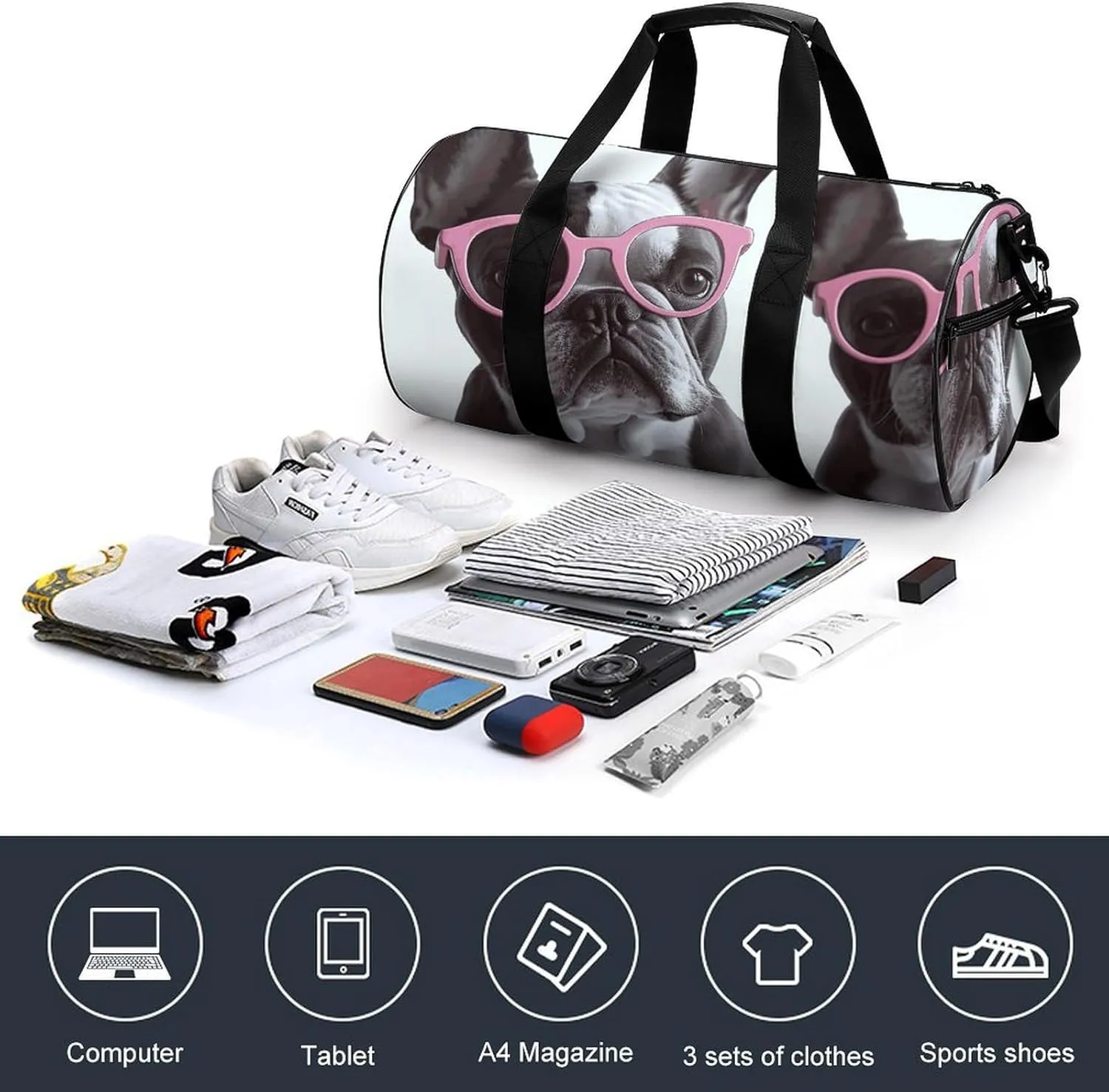 Gym Bag for Men Women French Bulldog Pink Glasses Duffel Bag Overnight Bag with Compartment Gym Sackpac