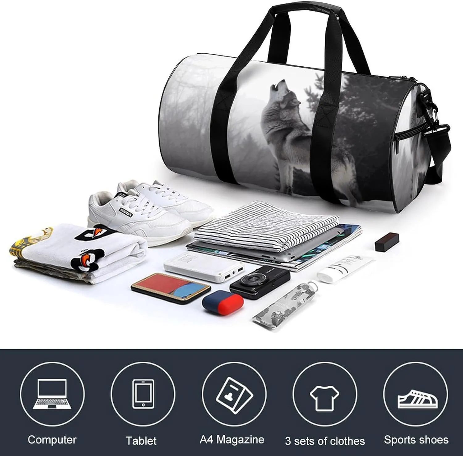 Gym Bag for Men Women Howling Wolf Duffel Bag Overnight Bag with Compartment Gym Sackpac