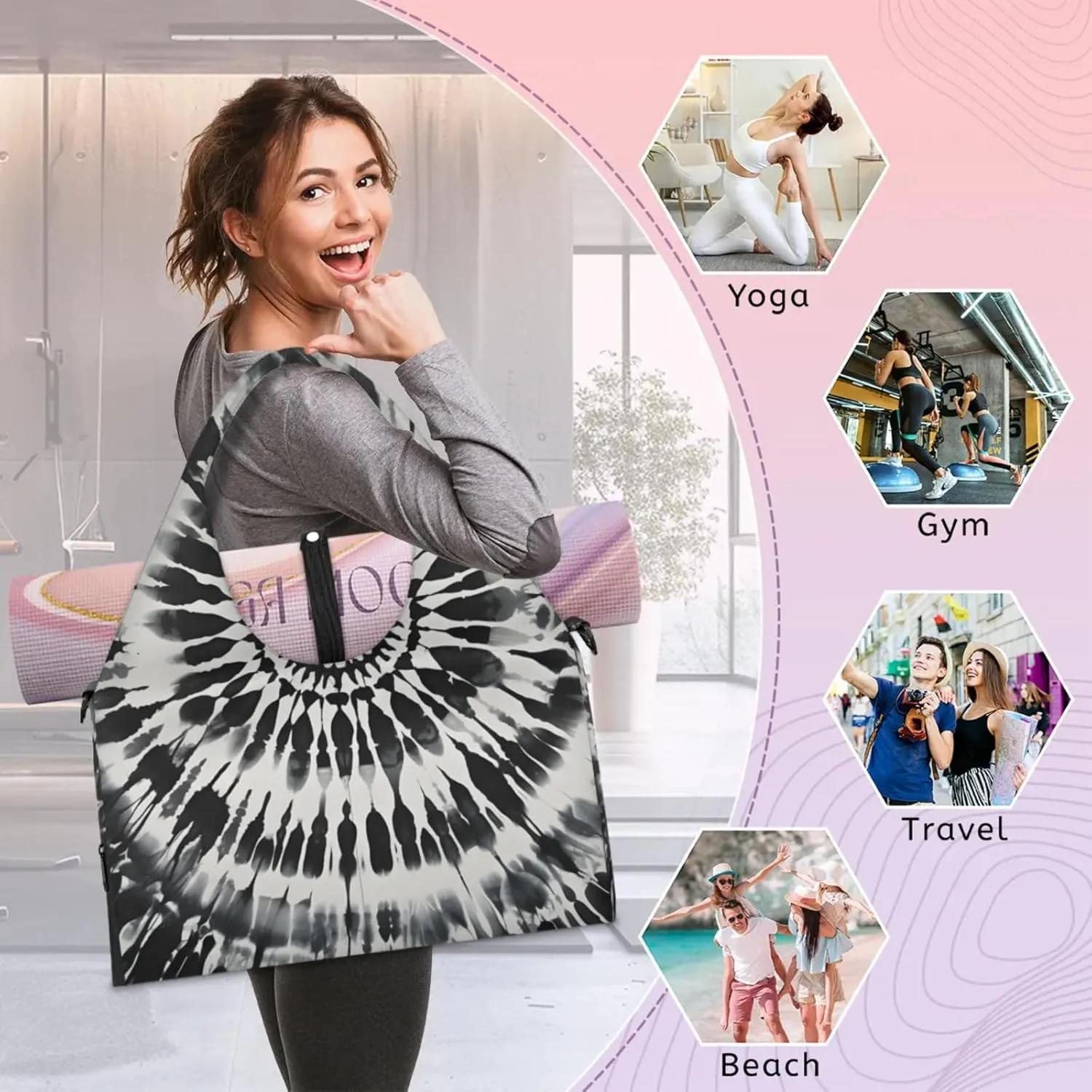 Gym Bag for Women Black Tie Dye Duffel Bag with Shoe Compartment and Yoga Mat Holder Portable Weekender Bags Travel Tote Bags