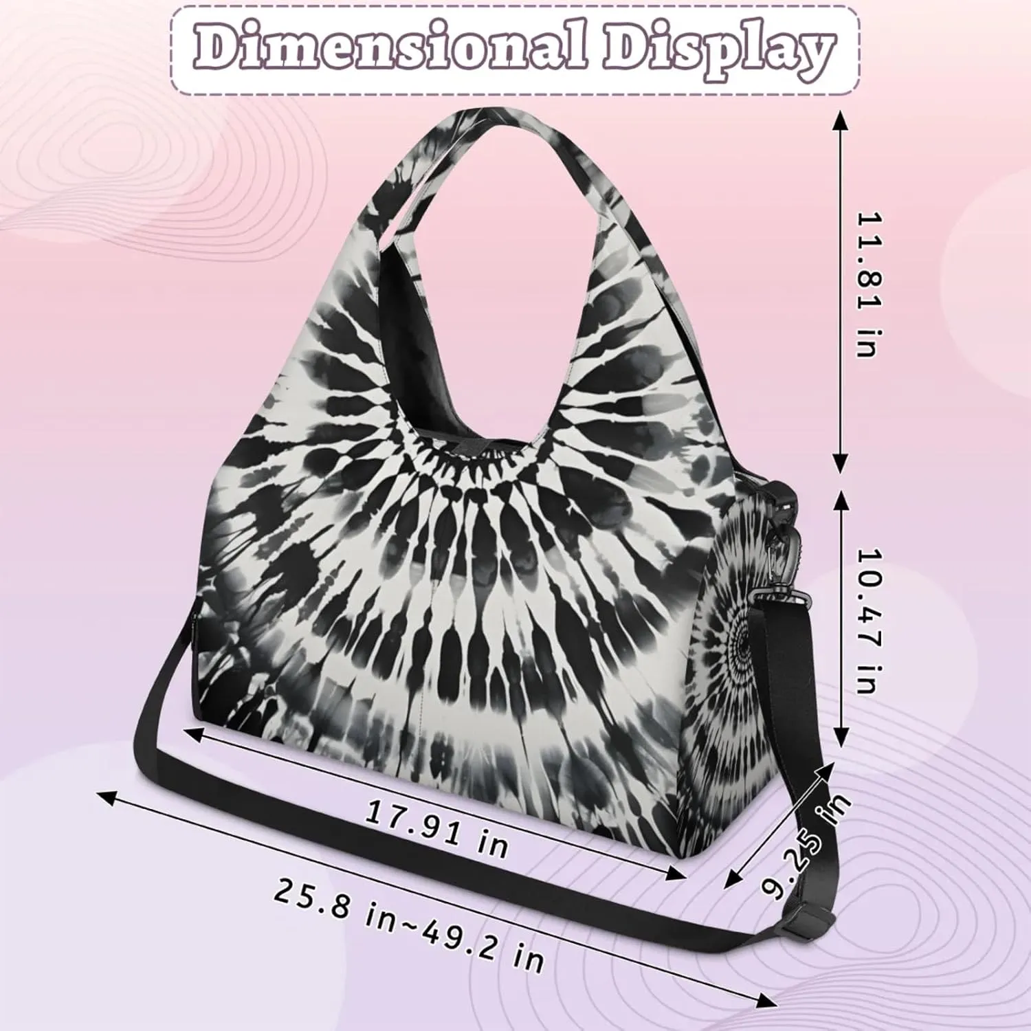 Gym Bag for Women Black Tie Dye Duffel Bag with Shoe Compartment and Yoga Mat Holder Portable Weekender Bags Travel Tote Bags