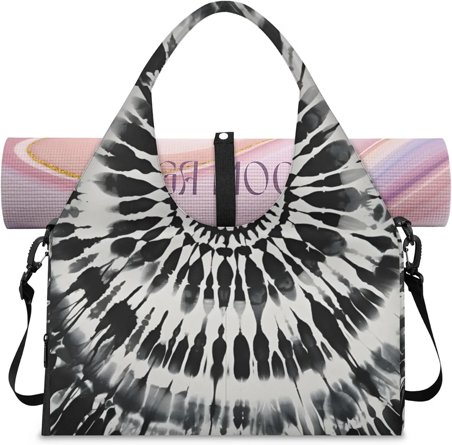 Gym Bag for Women Black Tie Dye Duffel Bag with Shoe Compartment and Yoga Mat Holder Portable Weekender Bags Travel Tote Bags