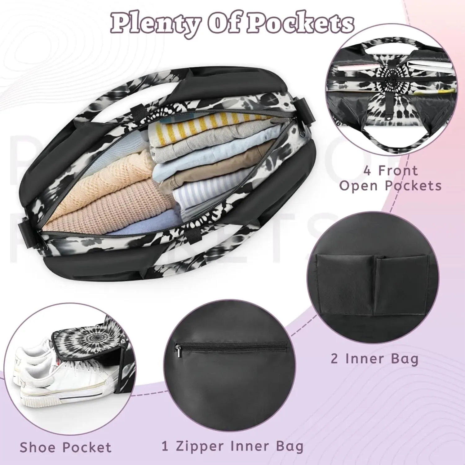 Gym Bag for Women Black Tie Dye Duffel Bag with Shoe Compartment and Yoga Mat Holder Portable Weekender Bags Travel Tote Bags