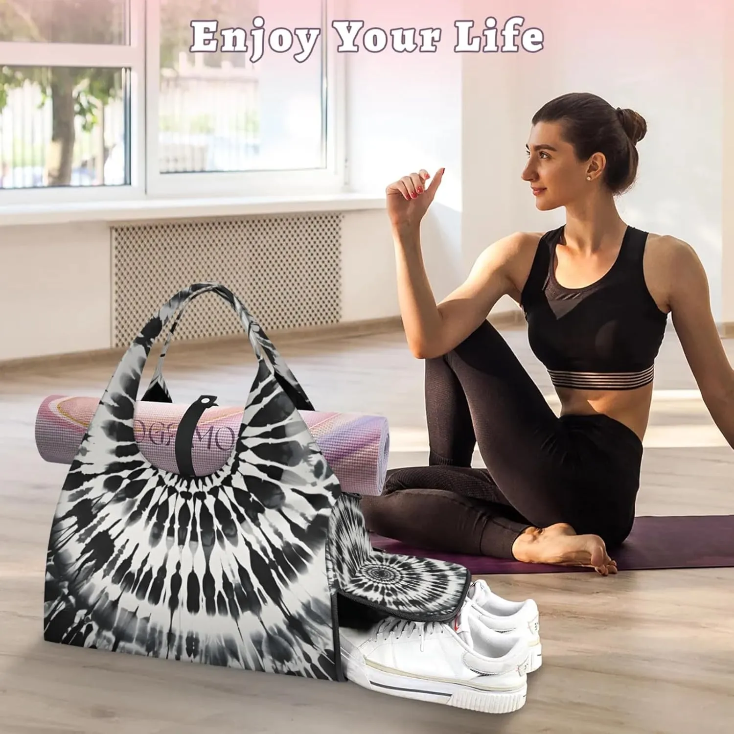Gym Bag for Women Black Tie Dye Duffel Bag with Shoe Compartment and Yoga Mat Holder Portable Weekender Bags Travel Tote Bags