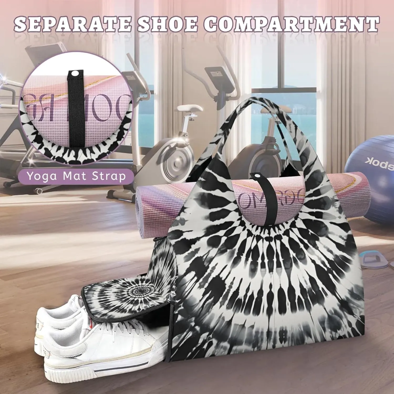 Gym Bag for Women Black Tie Dye Duffel Bag with Shoe Compartment and Yoga Mat Holder Portable Weekender Bags Travel Tote Bags