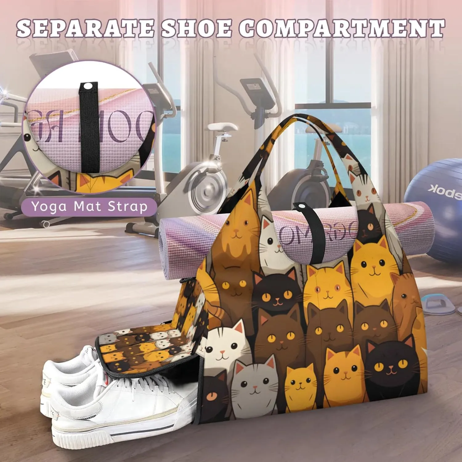 Gym Bag for Women Cartoon Cats Duffel Bag with Shoe Compartment and Yoga Mat Holder Portable Weekender Bags Travel Tote Bags