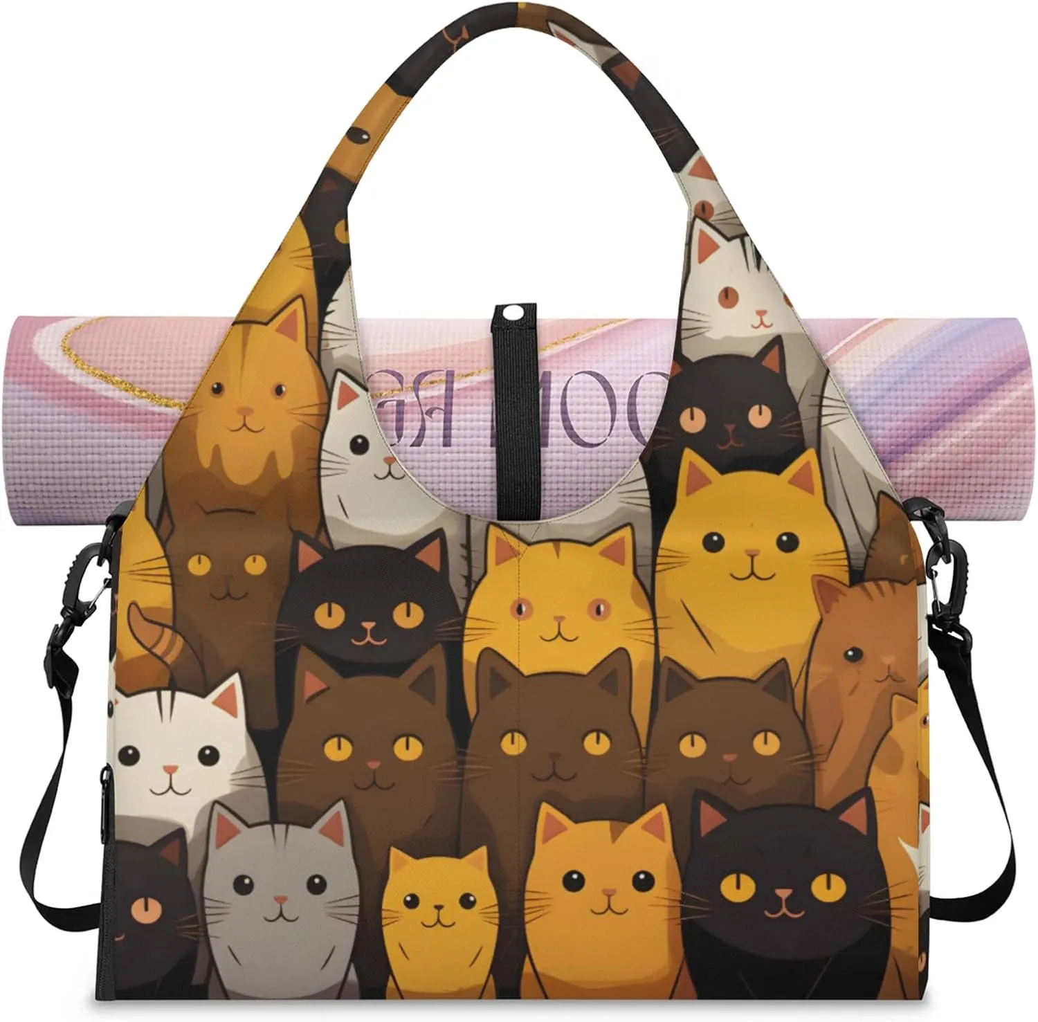 Gym Bag for Women Cartoon Cats Duffel Bag with Shoe Compartment and Yoga Mat Holder Portable Weekender Bags Travel Tote Bags