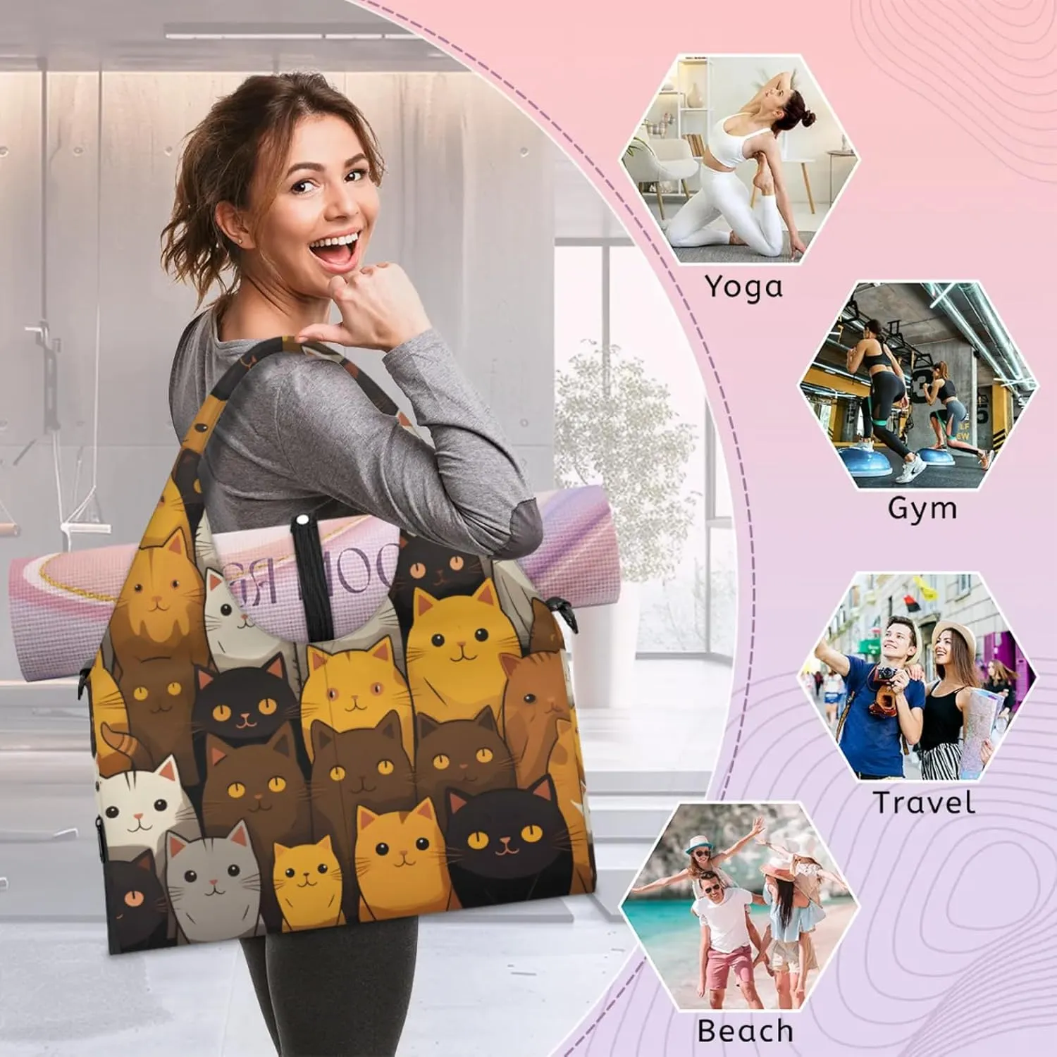 Gym Bag for Women Cartoon Cats Duffel Bag with Shoe Compartment and Yoga Mat Holder Portable Weekender Bags Travel Tote Bags