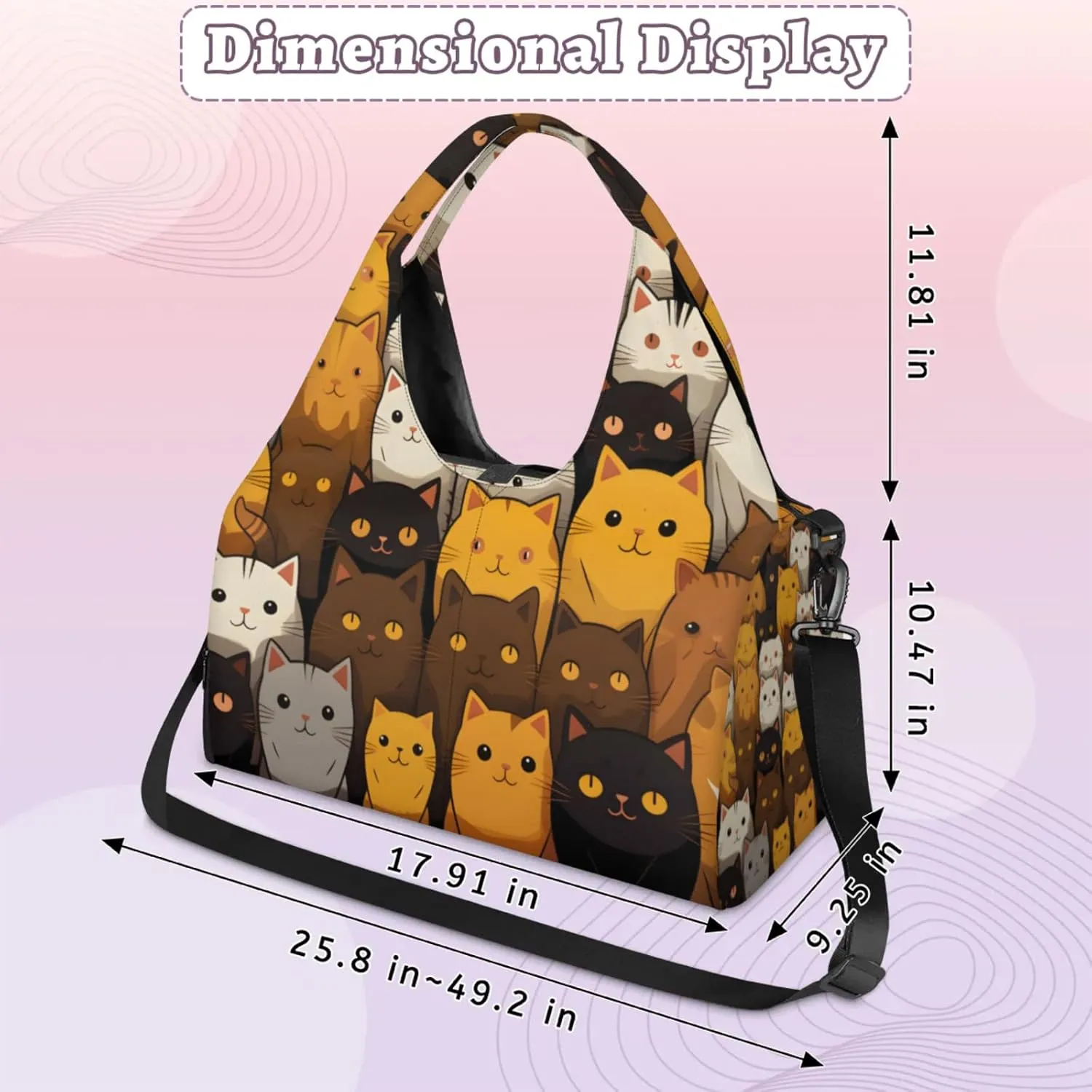 Gym Bag for Women Cartoon Cats Duffel Bag with Shoe Compartment and Yoga Mat Holder Portable Weekender Bags Travel Tote Bags