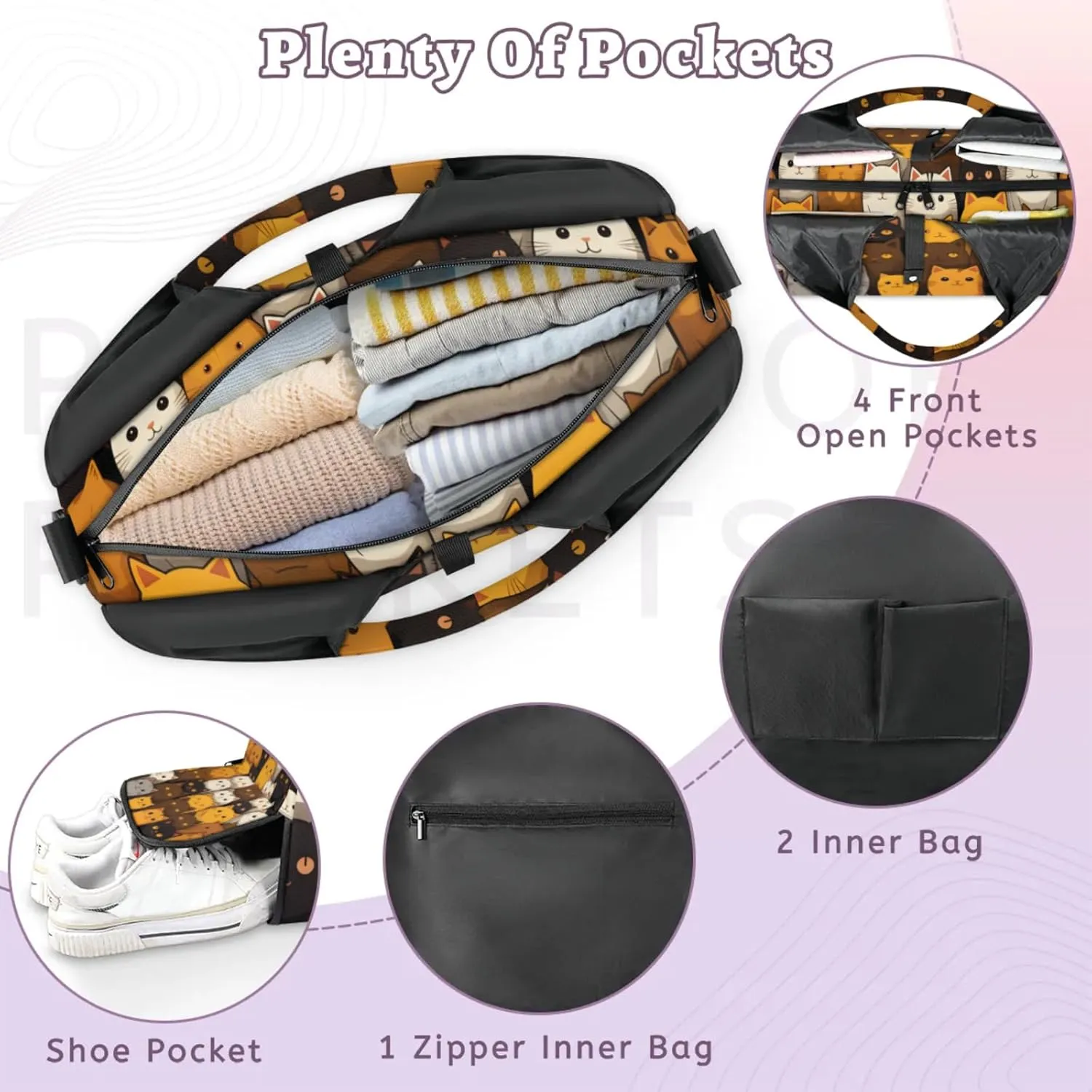 Gym Bag for Women Cartoon Cats Duffel Bag with Shoe Compartment and Yoga Mat Holder Portable Weekender Bags Travel Tote Bags