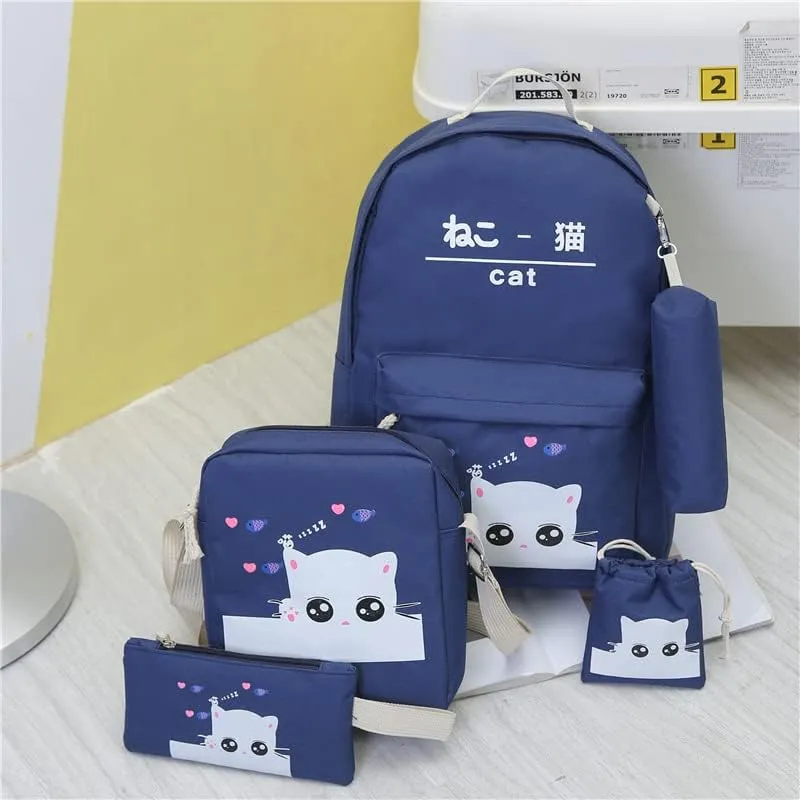 hainan Cat Backpacks Set for Teenage Girls and Student Kitty Printing Bookbag Cute School Bags Teen Girls 7 pcs for One Set Dark Blue one size