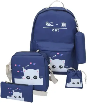 hainan Cat Backpacks Set for Teenage Girls and Student Kitty Printing Bookbag Cute School Bags Teen Girls 7 pcs for One Set Dark Blue one size