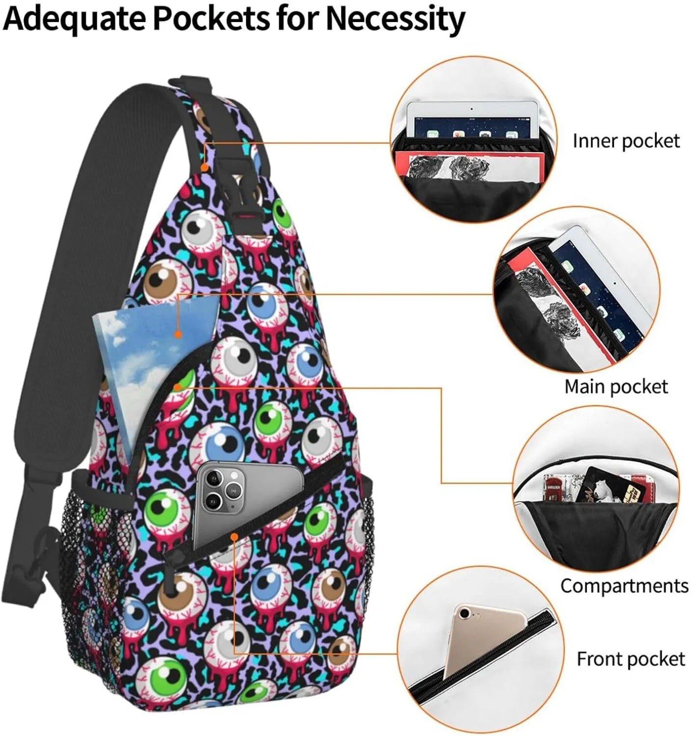Halloween Crossbody Sling Bag For Women Men Bloody Zombie Eyeballs Creepy Eyes Chest Bag Adjustable Shoulder Bag Sling Backpack Casual Daypack