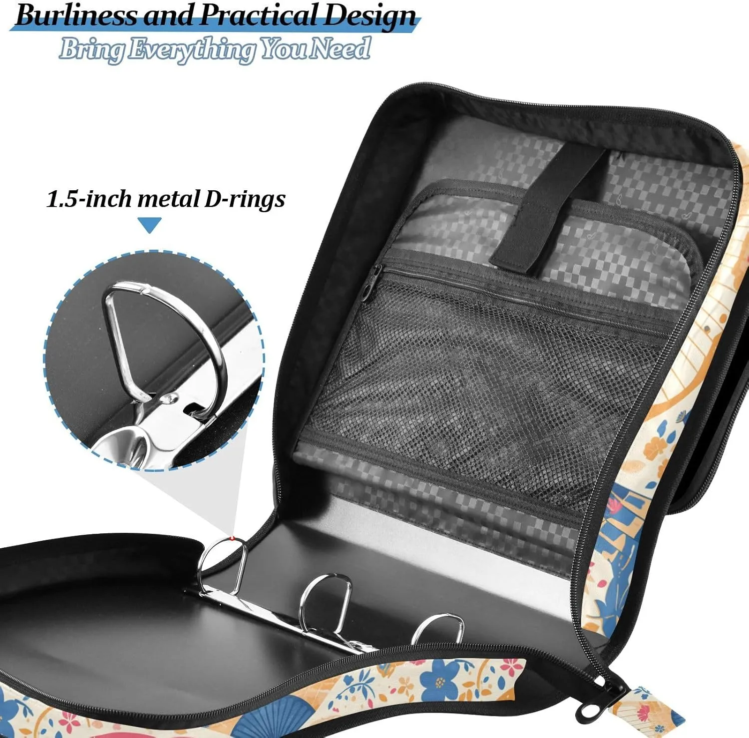Hand Drawn Cute Japanese Fans Includes Zip Pocket Documents Files Storage Bag with Shoulder Strap & Handle for School
