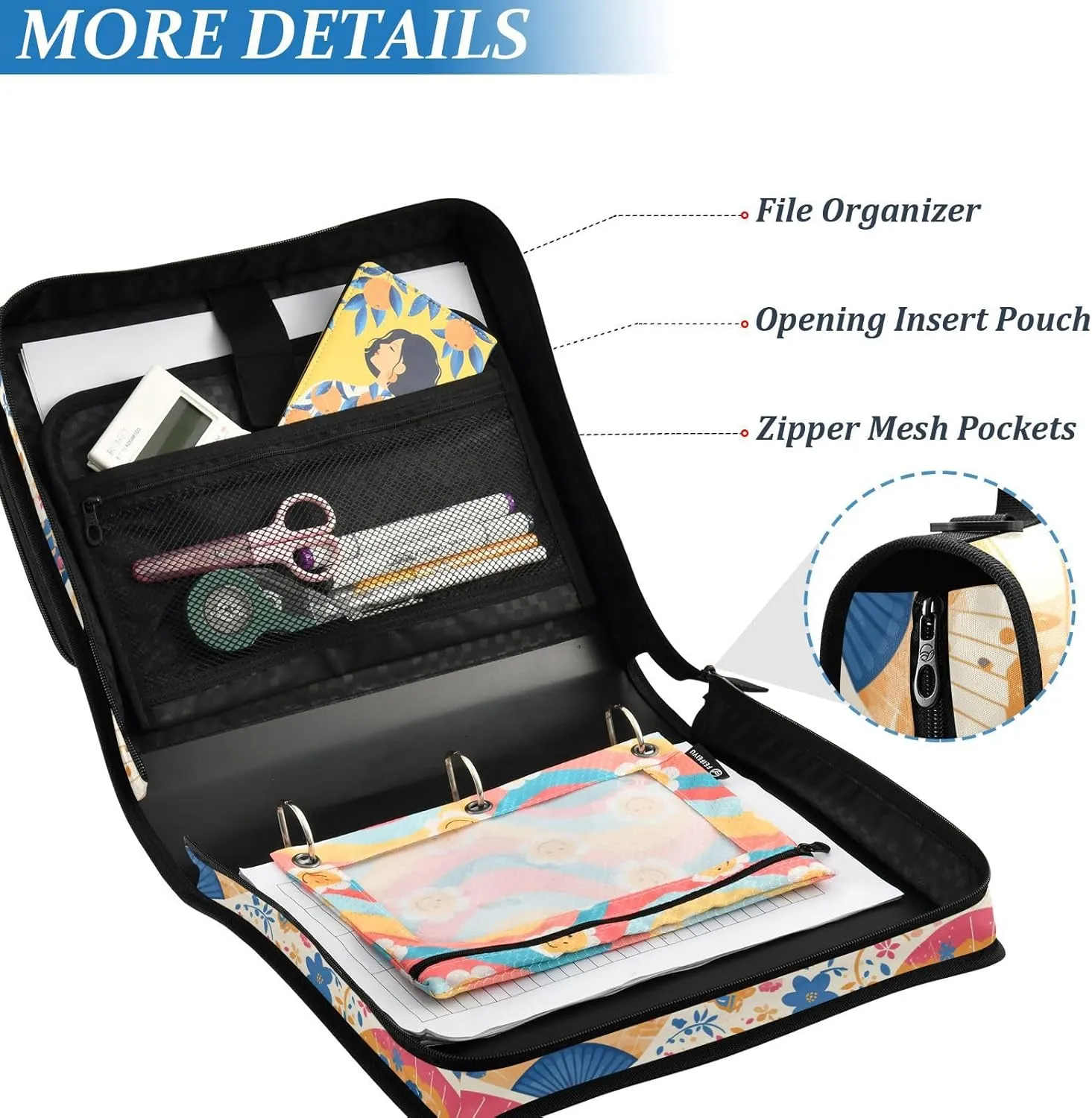 Hand Drawn Cute Japanese Fans Includes Zip Pocket Documents Files Storage Bag with Shoulder Strap & Handle for School