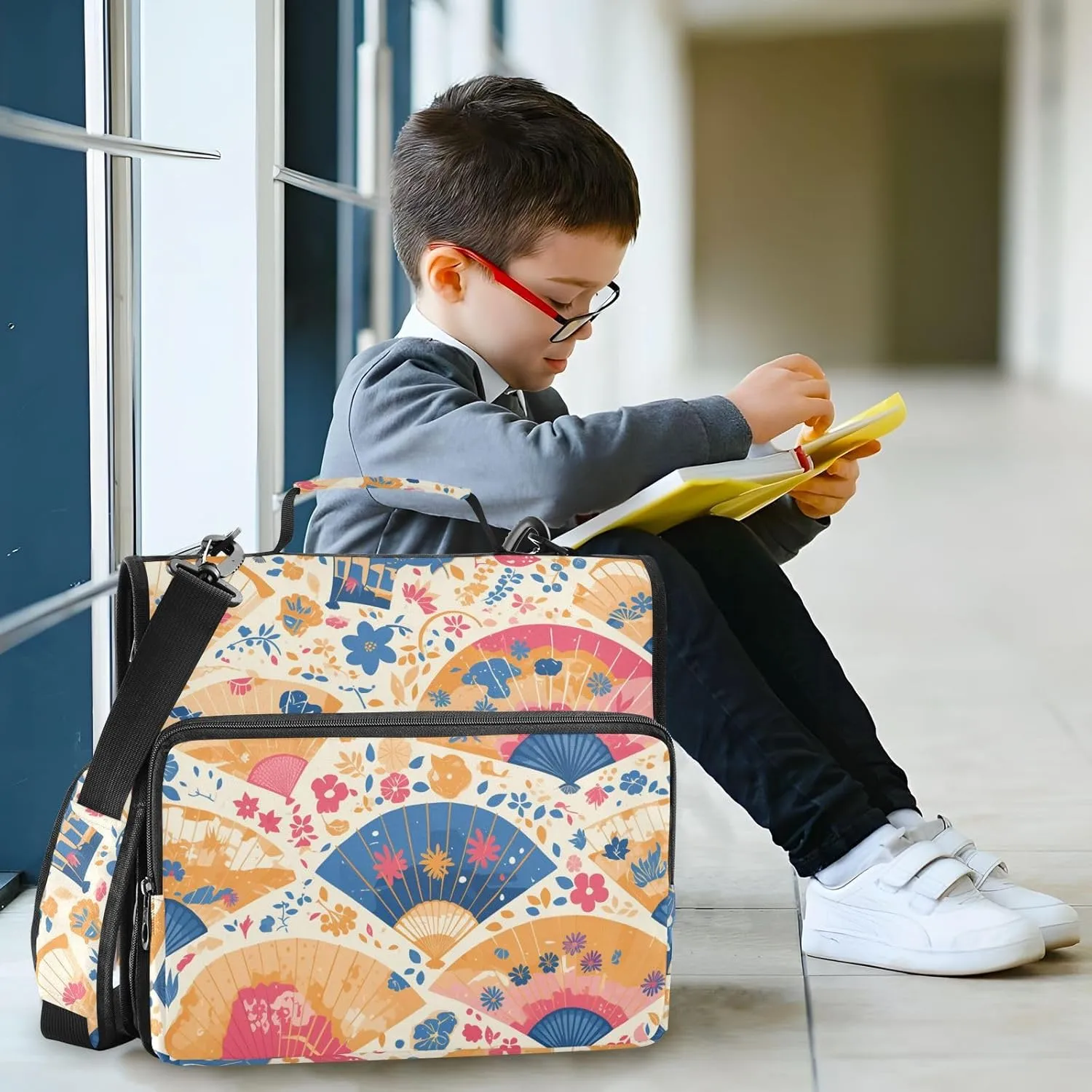 Hand Drawn Cute Japanese Fans Includes Zip Pocket Documents Files Storage Bag with Shoulder Strap & Handle for School
