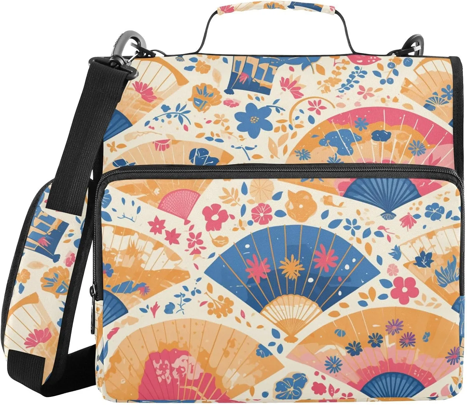 Hand Drawn Cute Japanese Fans Includes Zip Pocket Documents Files Storage Bag with Shoulder Strap & Handle for School