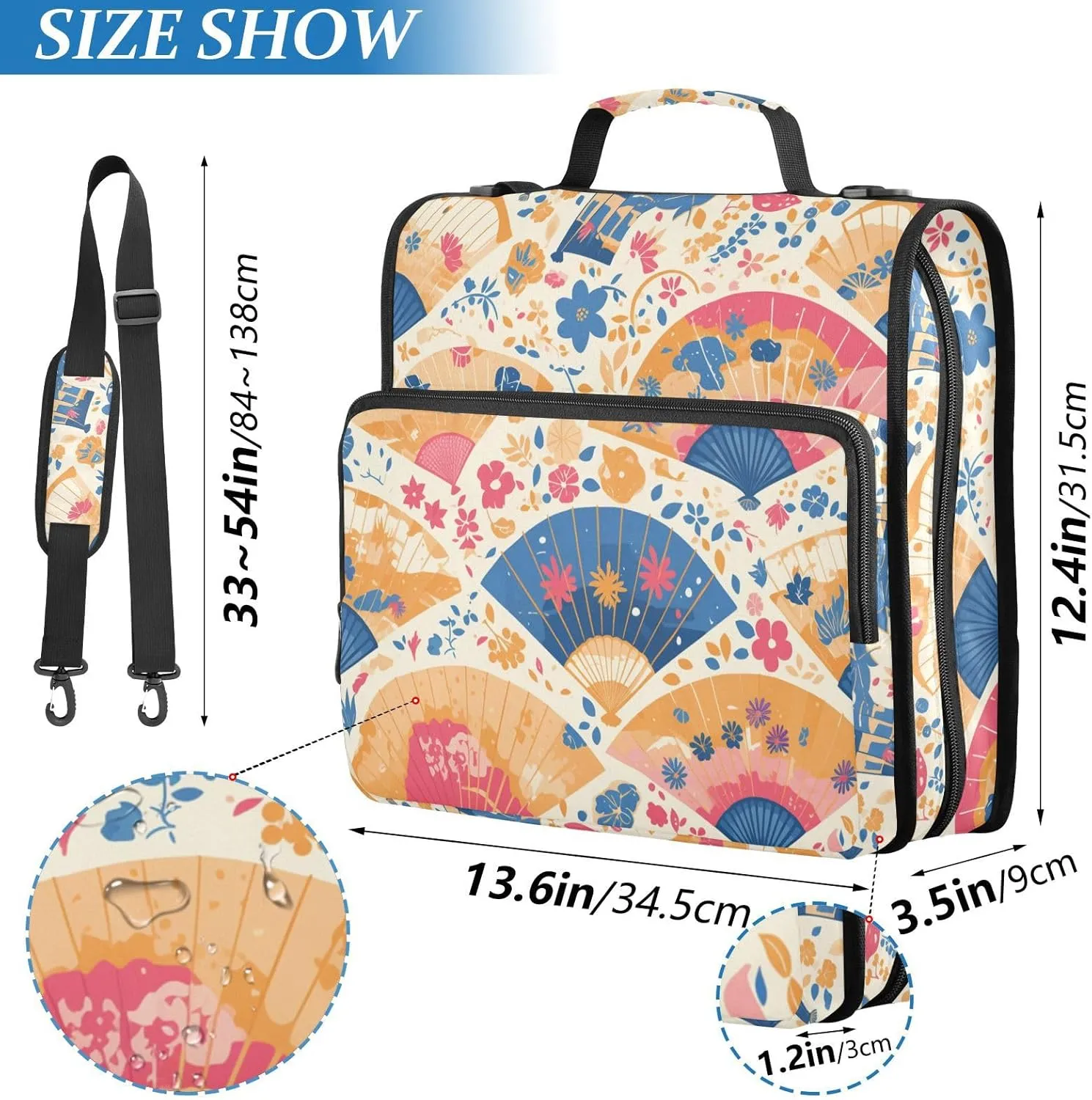 Hand Drawn Cute Japanese Fans Includes Zip Pocket Documents Files Storage Bag with Shoulder Strap & Handle for School