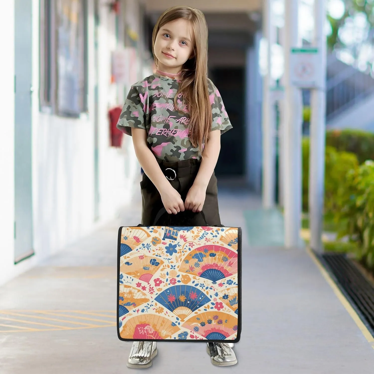 Hand Drawn Cute Japanese Fans Includes Zip Pocket Documents Files Storage Bag with Shoulder Strap & Handle for School