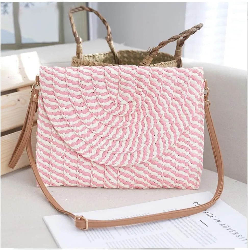 Handwoven Straw Clutch Purse for Women, Adjustable Crossbody Beach Bag with Magnetic Closure, Boho Summer Tote