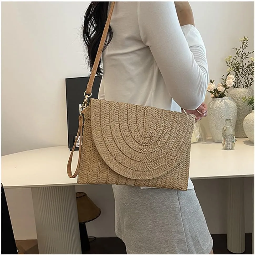 Handwoven Straw Clutch Purse for Women, Adjustable Crossbody Beach Bag with Magnetic Closure, Boho Summer Tote