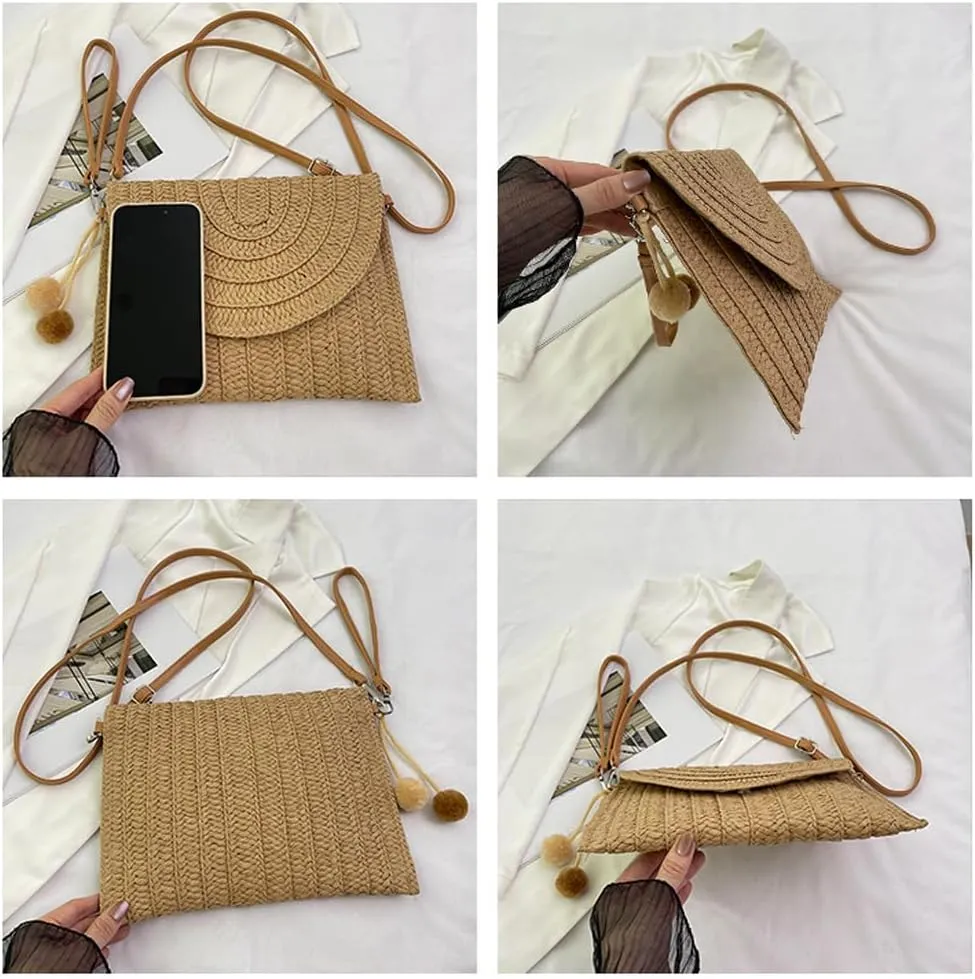 Handwoven Straw Clutch Purse for Women, Adjustable Crossbody Beach Bag with Magnetic Closure, Boho Summer Tote