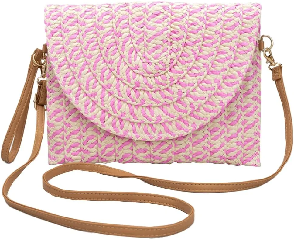Handwoven Straw Clutch Purse for Women, Adjustable Crossbody Beach Bag with Magnetic Closure, Boho Summer Tote