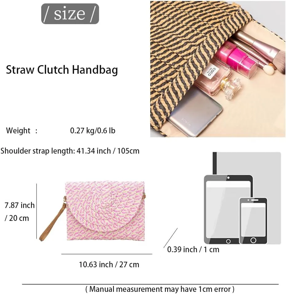 Handwoven Straw Clutch Purse for Women, Adjustable Crossbody Beach Bag with Magnetic Closure, Boho Summer Tote