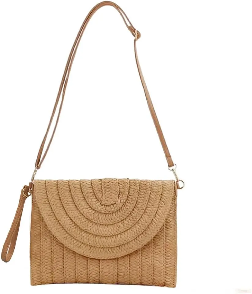 Handwoven Straw Clutch Purse for Women, Adjustable Crossbody Beach Bag with Magnetic Closure, Boho Summer Tote