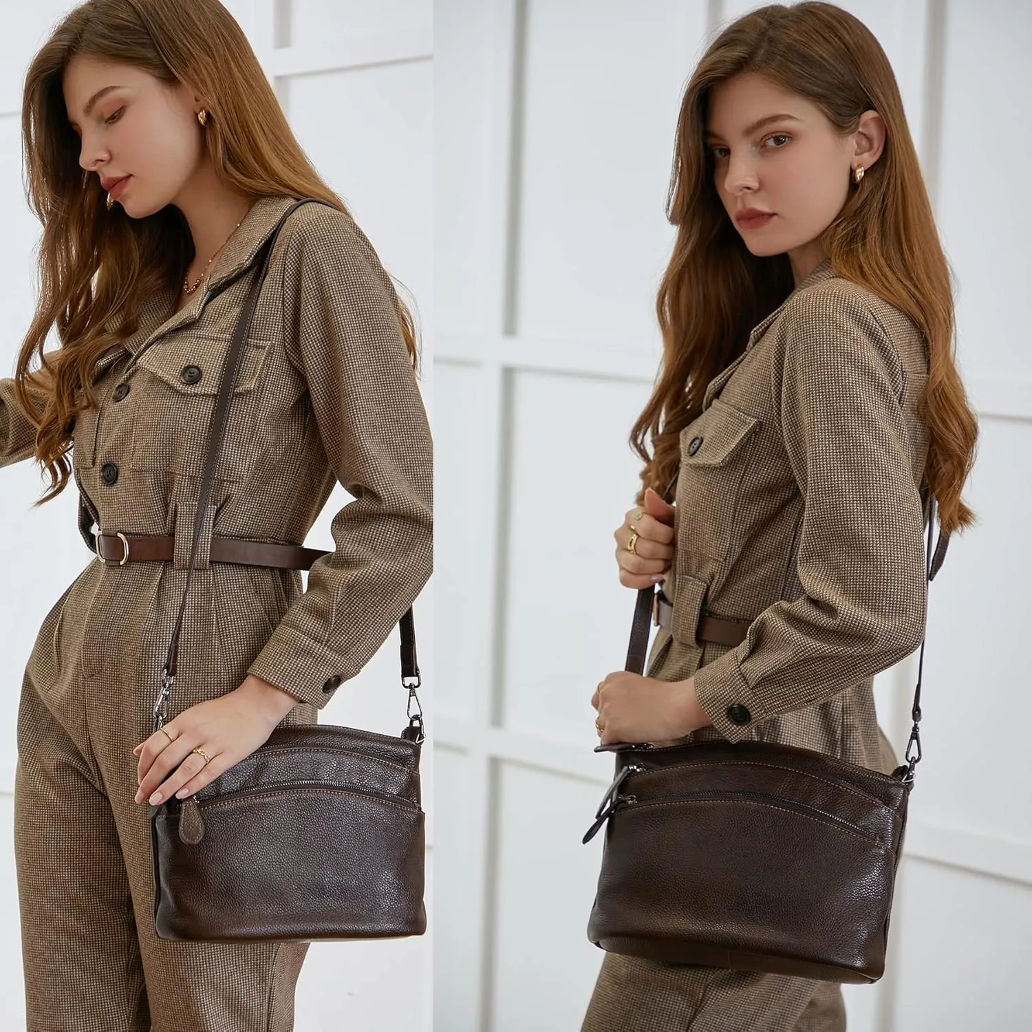 HESHE Leather Crossbody Bags Purses for Women Small Functional Multi Pocket Cross Body Purses Shoulder Satchel Handbags