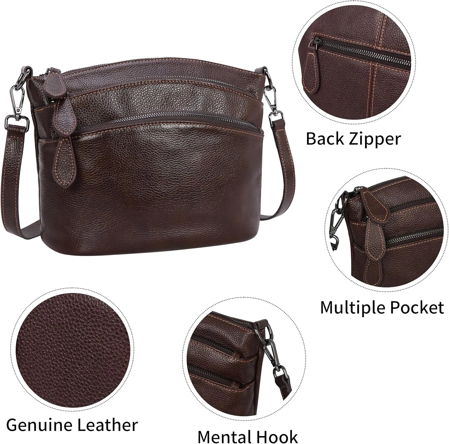 HESHE Leather Crossbody Bags Purses for Women Small Functional Multi Pocket Cross Body Purses Shoulder Satchel Handbags