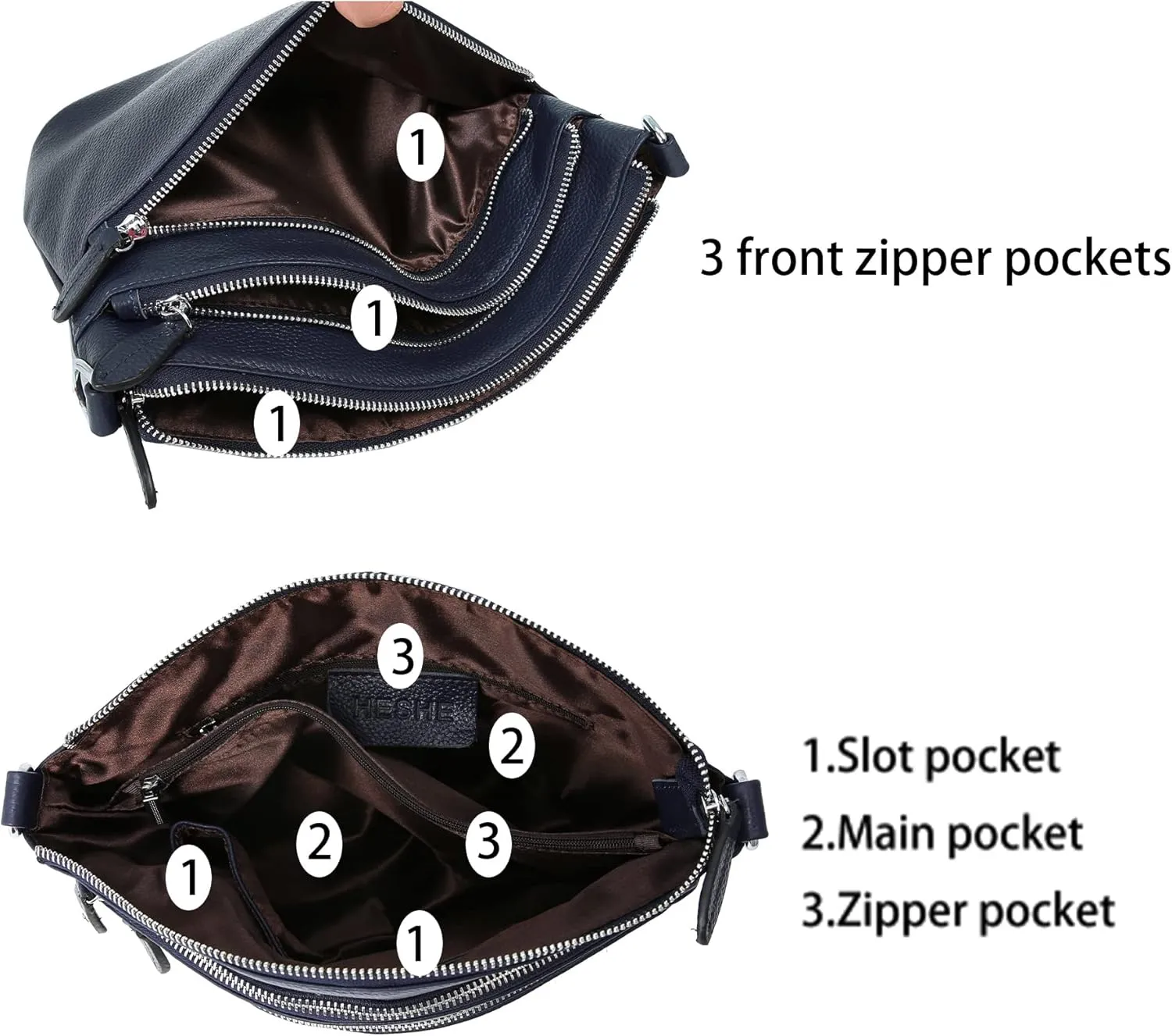 HESHE Leather Crossbody Bags Purses for Women Small Functional Multi Pocket Cross Body Purses Shoulder Satchel Handbags