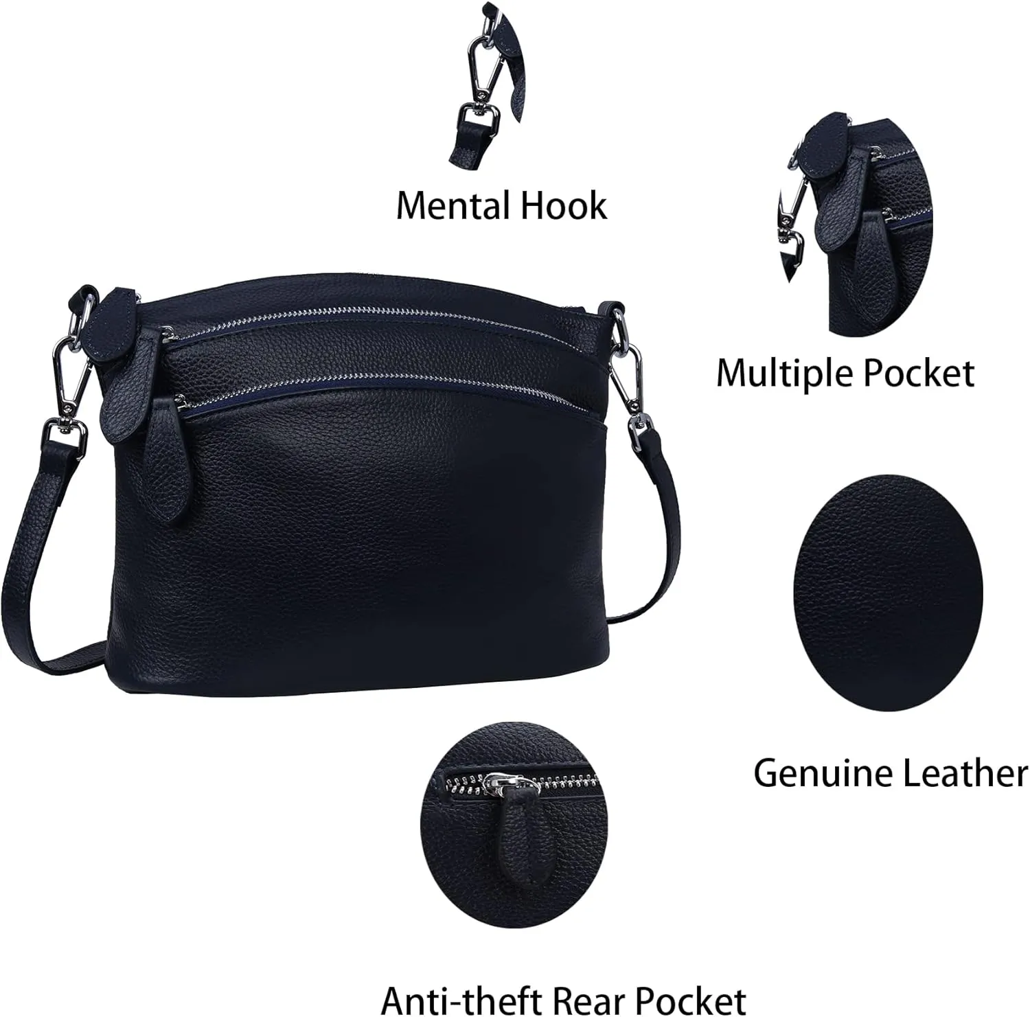HESHE Leather Crossbody Bags Purses for Women Small Functional Multi Pocket Cross Body Purses Shoulder Satchel Handbags