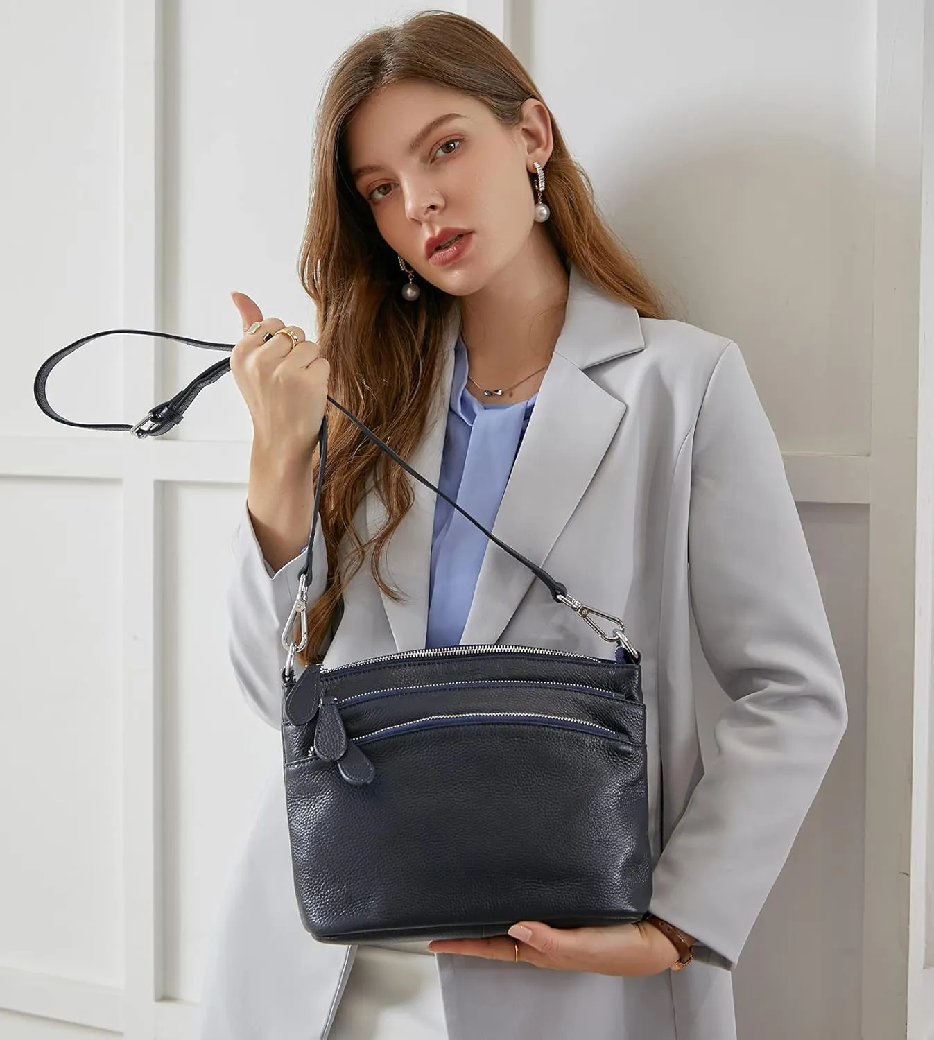 HESHE Leather Crossbody Bags Purses for Women Small Functional Multi Pocket Cross Body Purses Shoulder Satchel Handbags