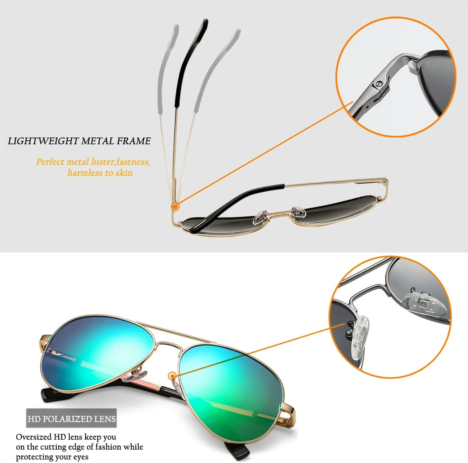 HJSTES Polarized Aviator Sunglasses for Women Men Classic Metal Shades Mirror Lens 100% UV Blocking, 58mm