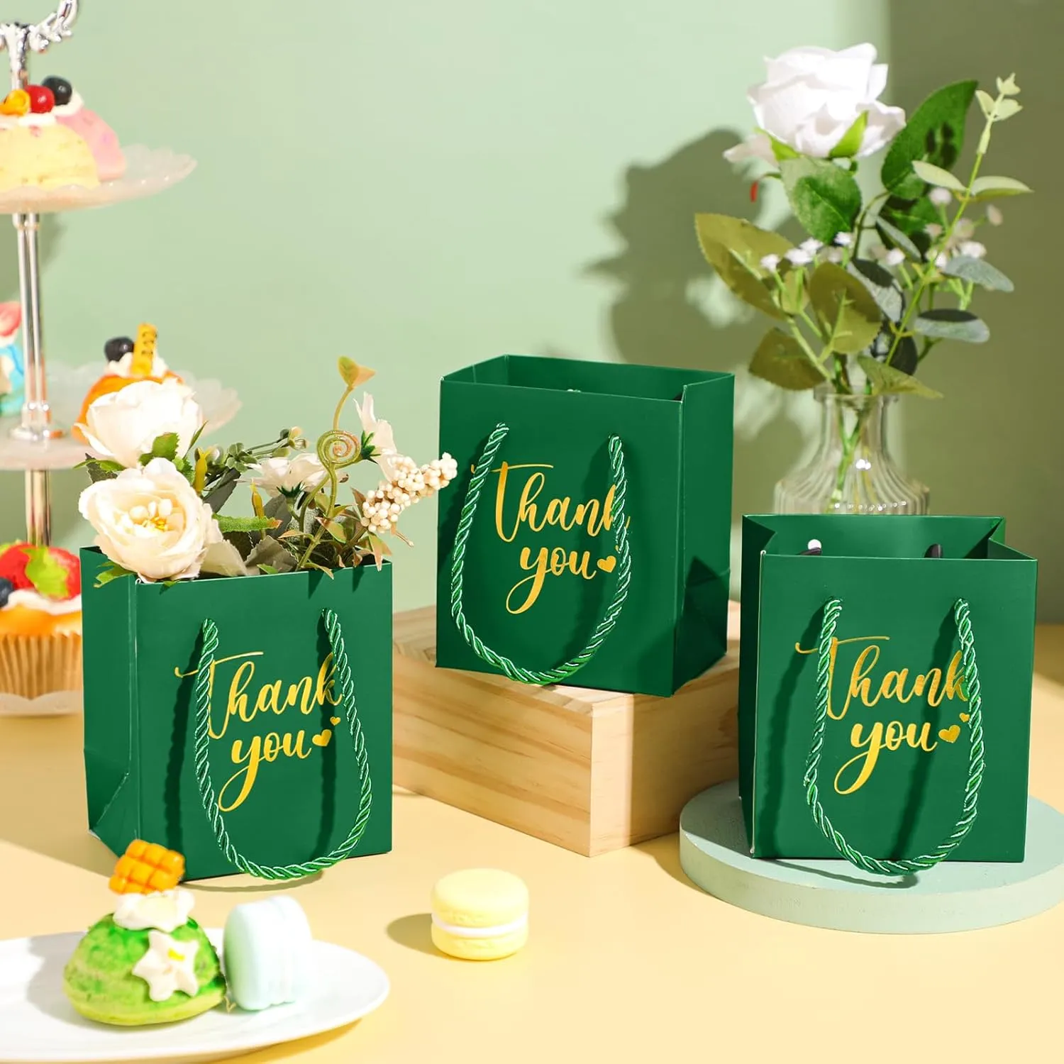 Honoson 30 Pcs Mini Gift Bag with Handle 4 x 2.75 x 4.5'' Small Thank You Paper Bag for Wedding Baby Shower Birthday Graduation Thanksgiving Party Favor Supplies(Dark Green)