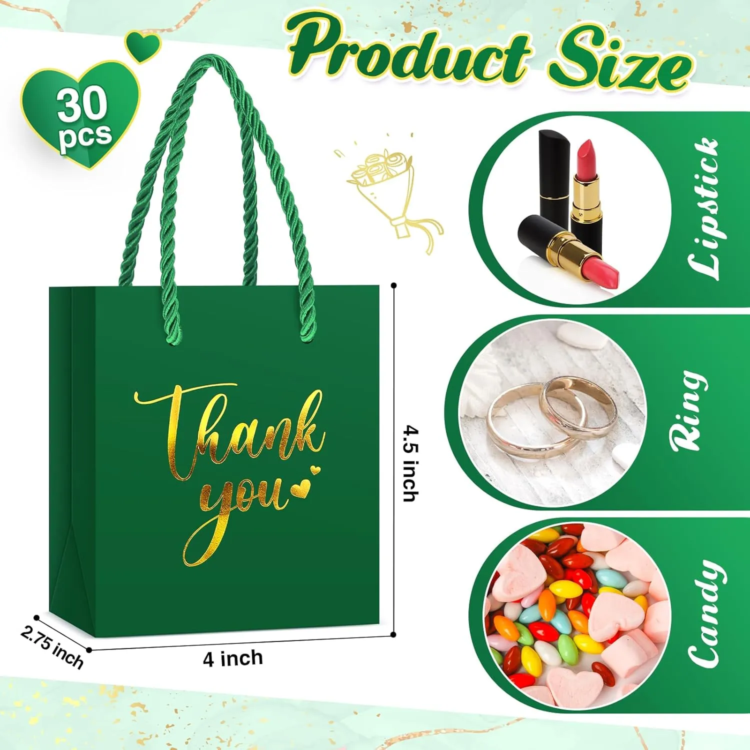 Honoson 30 Pcs Mini Gift Bag with Handle 4 x 2.75 x 4.5'' Small Thank You Paper Bag for Wedding Baby Shower Birthday Graduation Thanksgiving Party Favor Supplies(Dark Green)