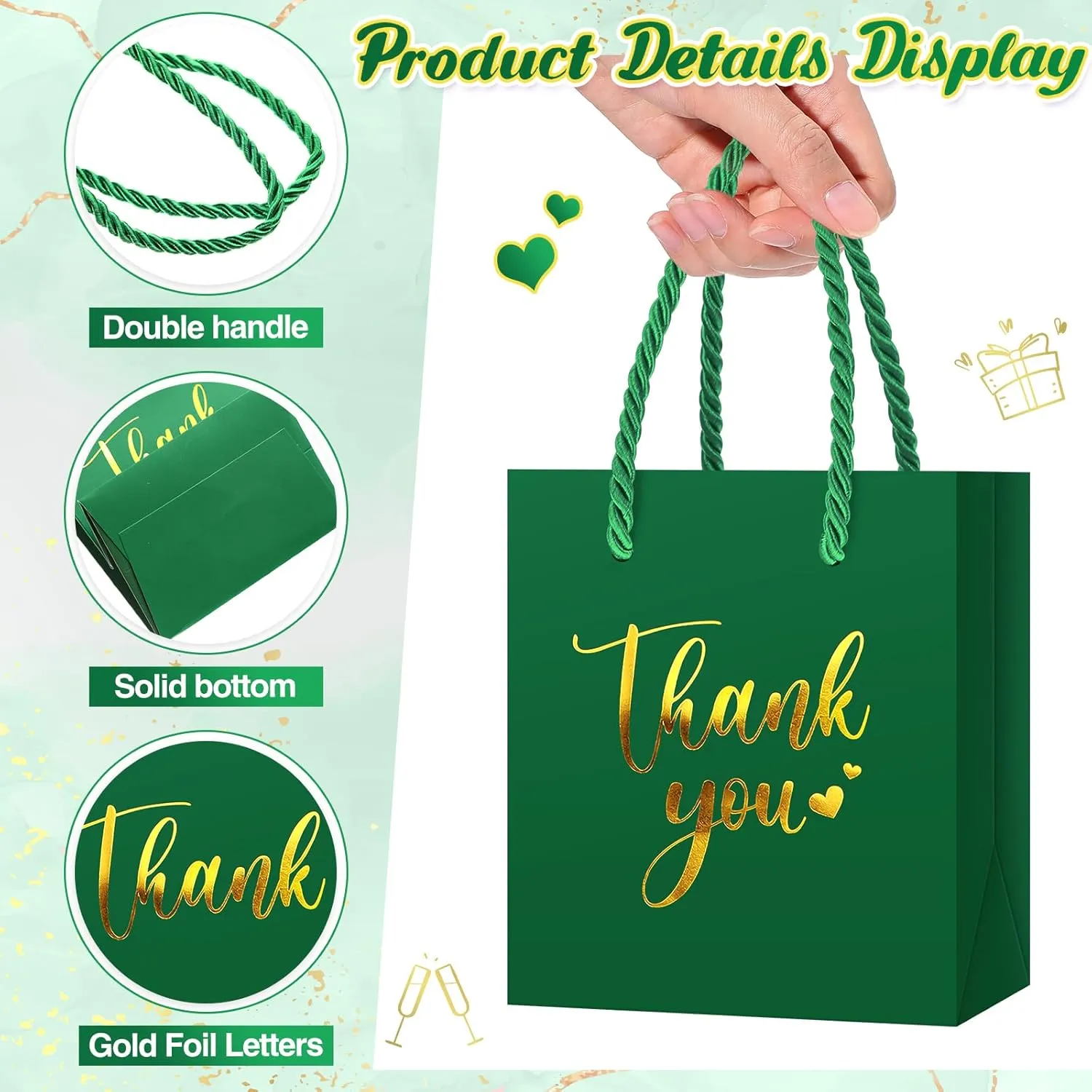 Honoson 30 Pcs Mini Gift Bag with Handle 4 x 2.75 x 4.5'' Small Thank You Paper Bag for Wedding Baby Shower Birthday Graduation Thanksgiving Party Favor Supplies(Dark Green)