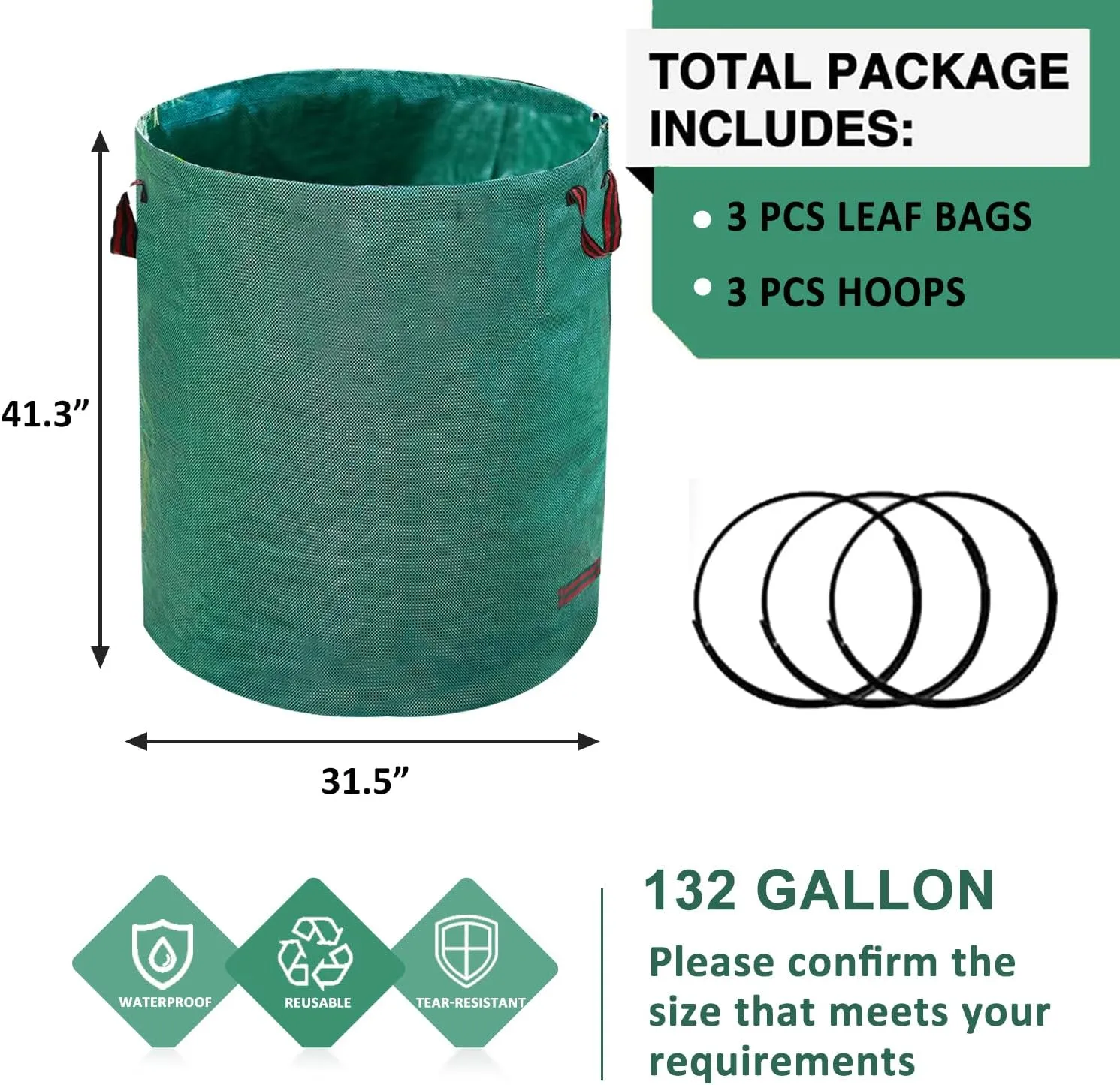 Hugeleaf 3 Pack Reusable Leaf Bags 132 Gallon with Reinforced Handles, Extra Large Collapsible Lawn Bags with Plastic Hoops, Stand Up Yard Waste Bin for Leaves, Lawn Debris Collection