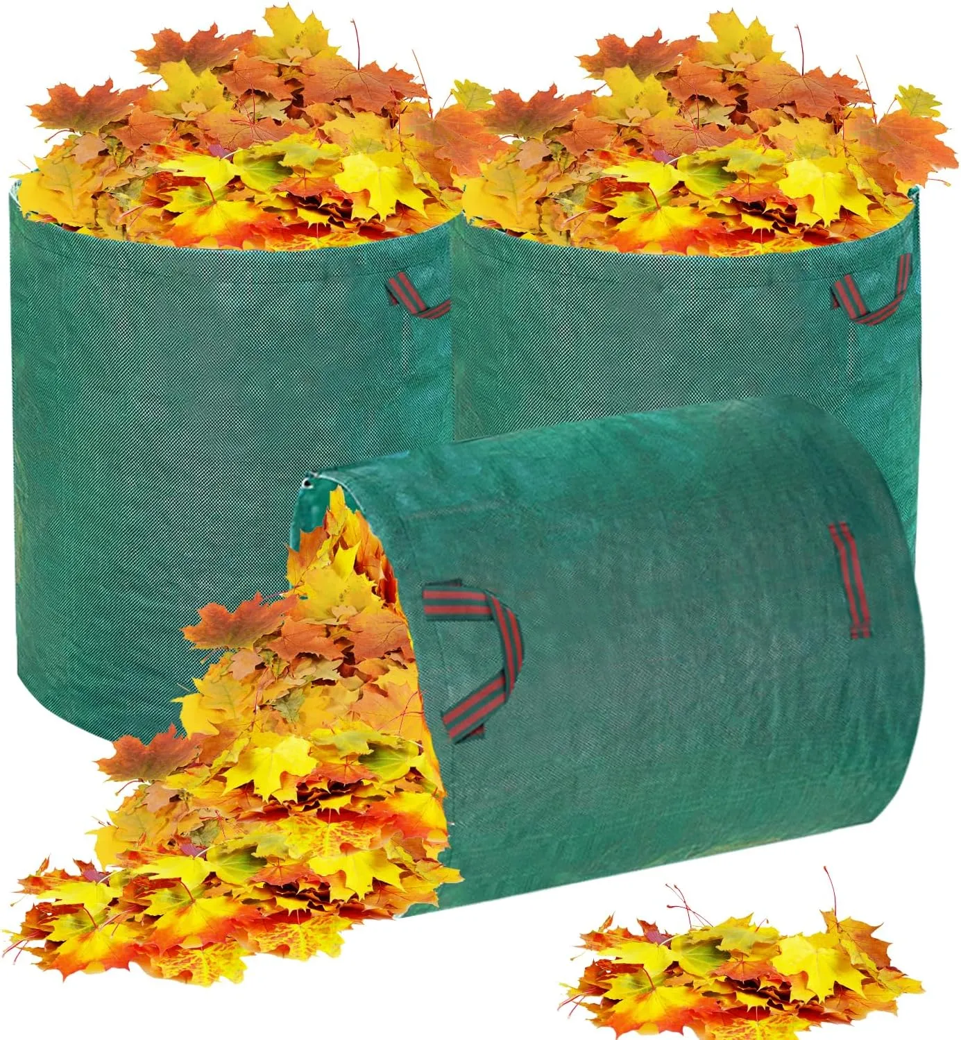 Hugeleaf 3 Pack Reusable Leaf Bags 132 Gallon with Reinforced Handles, Extra Large Collapsible Lawn Bags with Plastic Hoops, Stand Up Yard Waste Bin for Leaves, Lawn Debris Collection