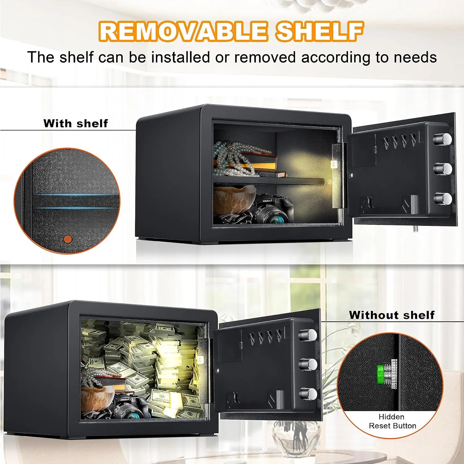 Hunter Good 1.0 Cubic Fingerprint Fireproof Home Safe With Fireproof Document Bag, Digital Security Safe With Removable Shelf Secure Cash, Jewelry and Valuables. (9.8'H X 13.8'W X 11'D)