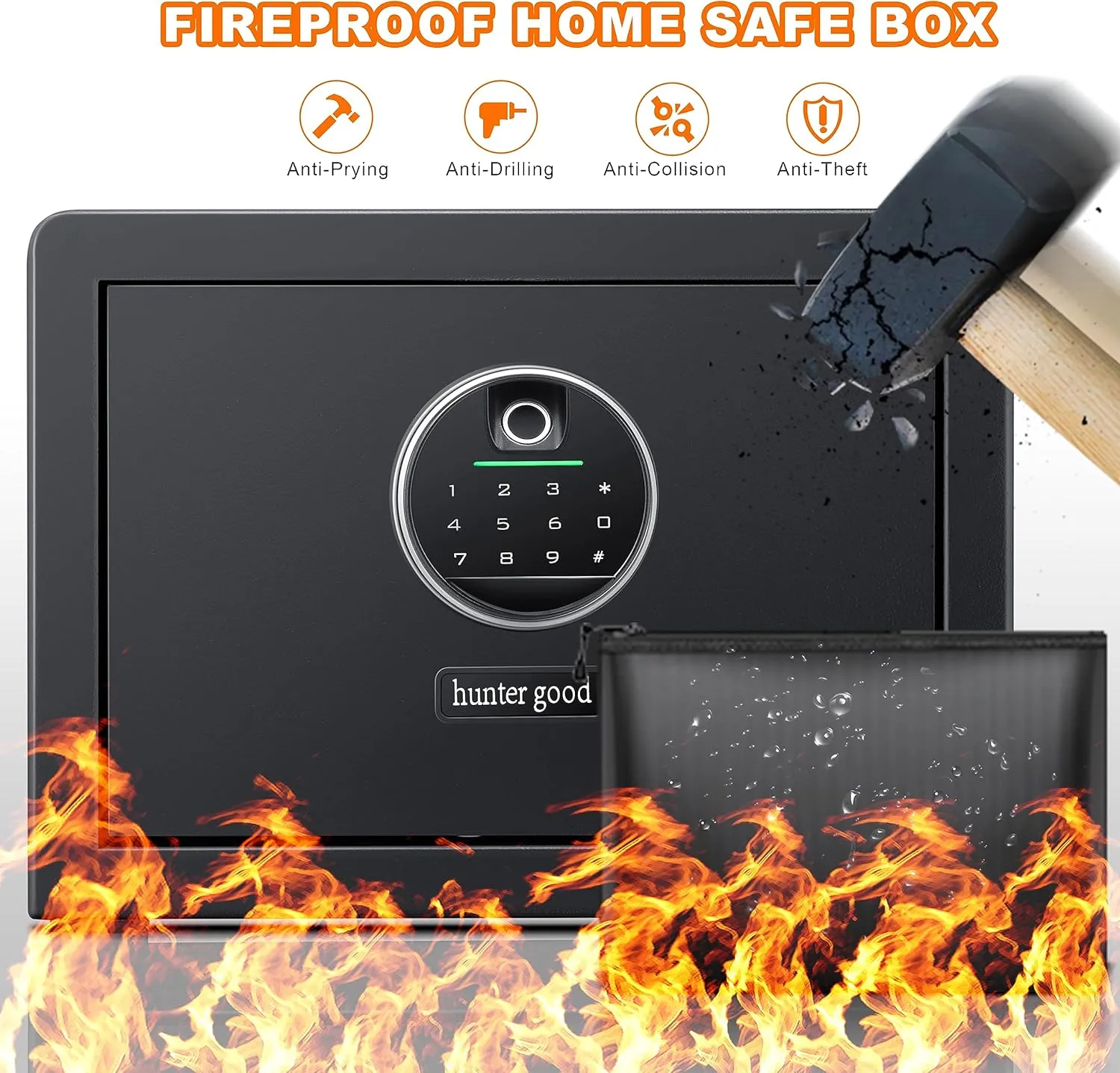 Hunter Good 1.0 Cubic Fingerprint Fireproof Home Safe With Fireproof Document Bag, Digital Security Safe With Removable Shelf Secure Cash, Jewelry and Valuables. (9.8'H X 13.8'W X 11'D)