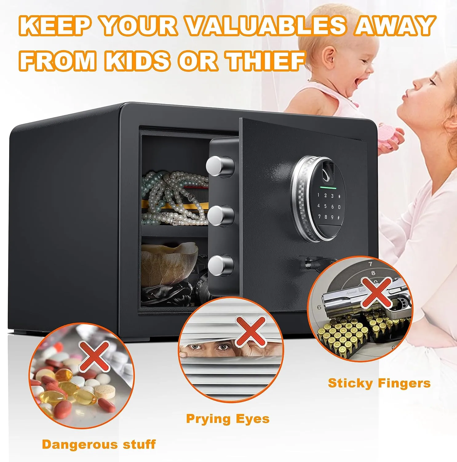 Hunter Good 1.0 Cubic Fingerprint Fireproof Home Safe With Fireproof Document Bag, Digital Security Safe With Removable Shelf Secure Cash, Jewelry and Valuables. (9.8'H X 13.8'W X 11'D)