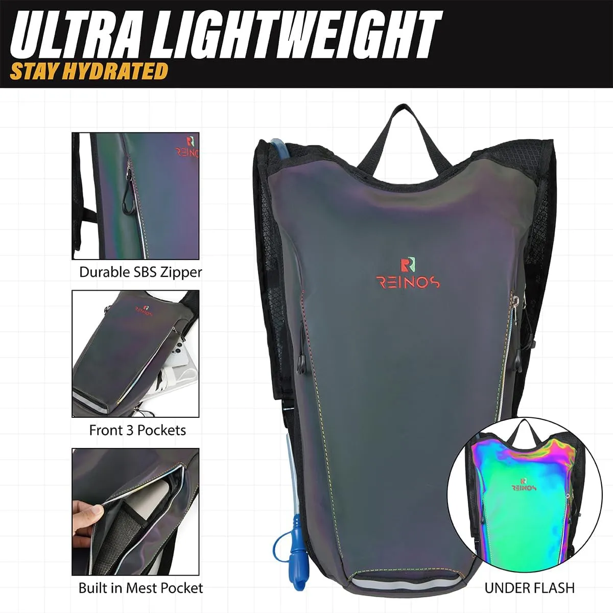 Hydration Backpack Pack with 2L Water Bladder Rave Essentials Lightweight Bag for Hiking, Running Vest, Music Festival for Men Women (Flash)