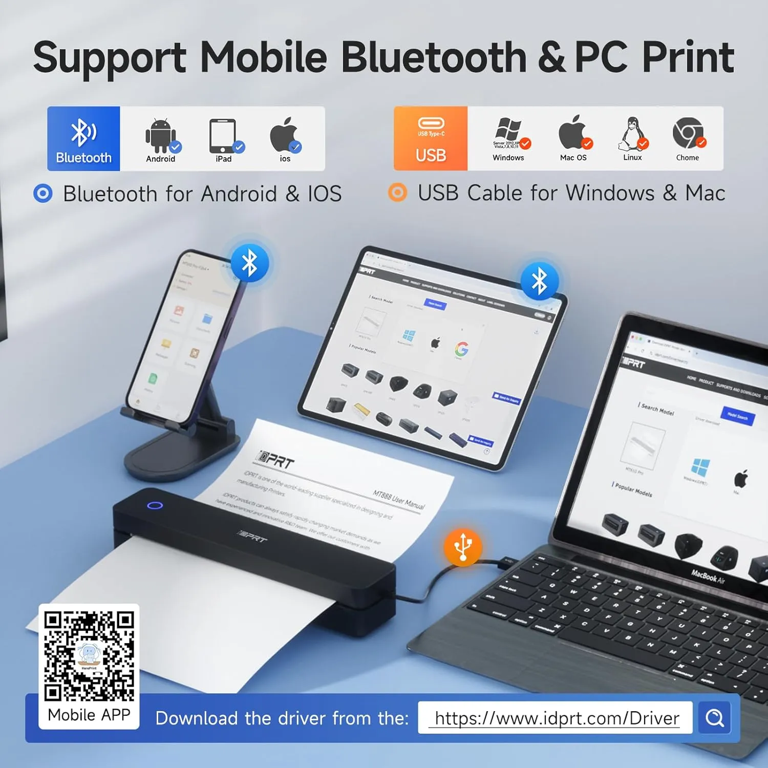 iDPRT Portable Printer Wireless for Travel, Bluetooth Thermal Printer Support for 8.5"x11" US Letter, Inkless Compatible with iOS, Android, Laptop for Office, Car and Home, School (203DPI, Black)