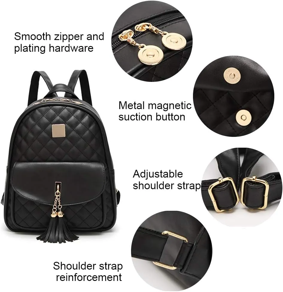 IHAYNER Women's Simple Design Quilted Mini Backpack - 3Pcs Leather Backpack Purse for Women