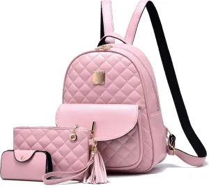 IHAYNER Women's Simple Design Quilted Mini Backpack - 3Pcs Leather Backpack Purse for Women