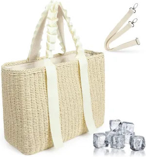 Insulated Beach Cooler Bag with Removable Liner, Natural Corn Husk Straw Travel Tote for Women, Picnic Lunch Bag, Bride Wedding Gift