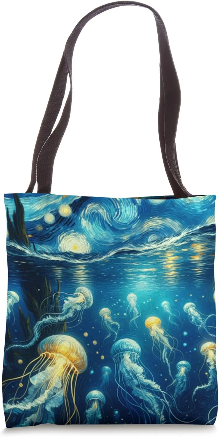 Jellyfish, Van Gogh Starry Night Style Underwater Dream Tote Bag