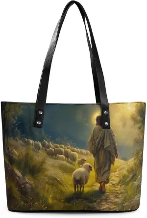 Jesus at Sunset Women Soft Leather Handbags Tote Purses Shoulder Bucket Bags
