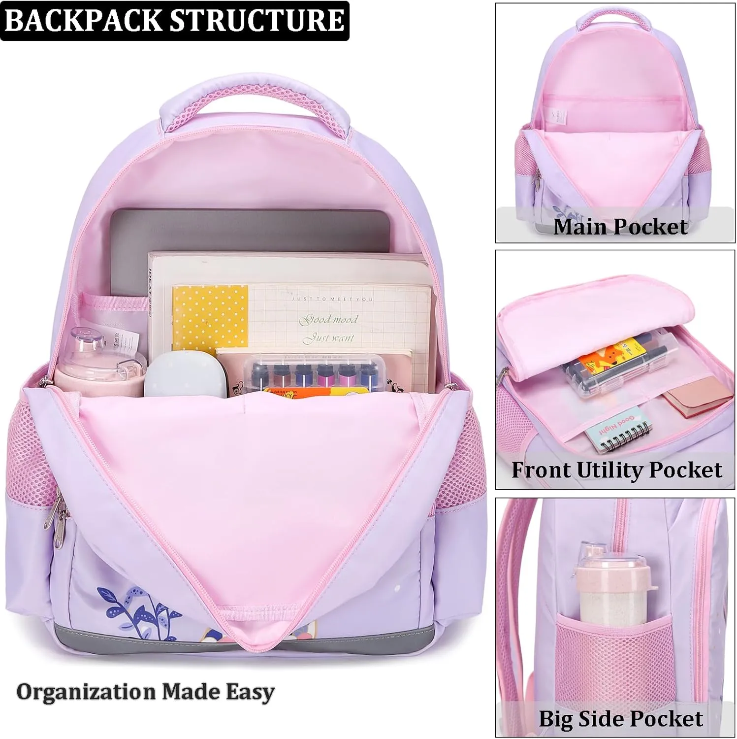 JIANYA Kids Backpack for School Girls Preschool Kindergarten Backpack with Lunch Box & Chest Strap, 15" Tall